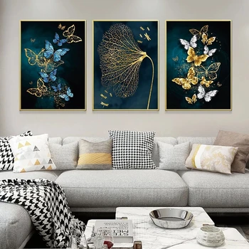 Moderné Luxusné Nordic Minimalistický Plagáty Vytlačí Modré Zlato Motýľ Obraz na Plátne Maľovanie na Obývacia Izba Domov Cuadros Dekor