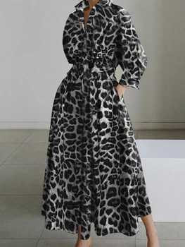 Office Lady Vintage Leopard Tlač Party Šaty 2022 Lete Ženy Móda Krajky-Up Dlhé Tričko Šaty Bežné Dlhý Rukáv Maxi Šaty