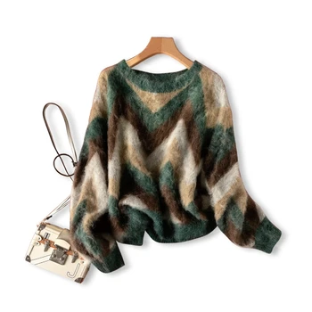 Vlna grafické mohair sveter pre ženy, luxusné jumper módne dámske pulóvre farebný blok oblečenie, pletené oblečenie fuzzy patchwork