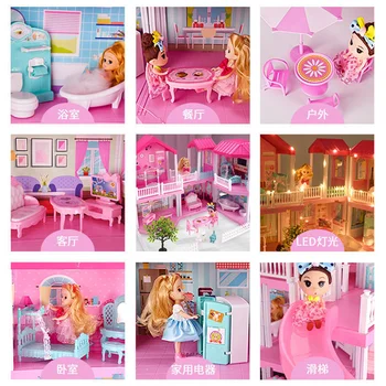 DIY Ružový Hrad Princess Villa Dollhouses Hrať So šmýkačkou Dvore Auta Zmontované Doll House Hračka Narodeniny Nový Rok Darček