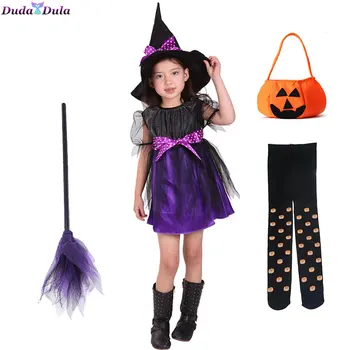 Deti Čarodejnice Halloween Kostým pre Dievčatá, Magic Šaty Tutu Šaty s Klobúkom a Metlu Deti Cosplay Karneval Party Efektné Šaty