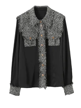 [EAM] Ženy Black Tweed Veľké Veľkosti Elegantná Blúzka Nové Klope Dlhý Rukáv Voľné Nosenie Tričko Fashion Príliv Jar Jeseň roku 2023 1DF3435