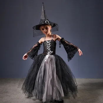 Halloween Kostým Čarodejnice Tutu Dlhé Šaty Deťom Ukázať Dievčatá Cosplay Kostým pre Deti