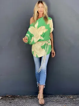 2023 Sexy Studenej Rameno Krátke Mini Šaty, Tuniky Ženy Letné Oblečenie Pláž Nosiť Zelené Boho Tlačené Šaty Vestidos A1286