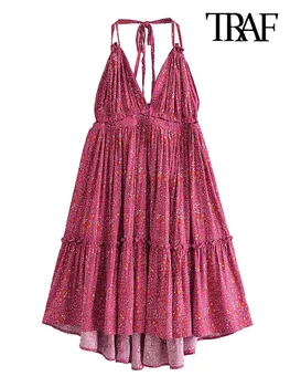 TRAF Ženy Móda Kvetinový Tlač Rozstrapatené Mini Šaty Vintage Backless Viazaná Tenké Pásiky Ženské Šaty Vestidos Mujer