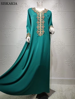 Siskakia Satin Maxi Šaty pre Ženy, Elegantné Etnických Výšivky Gilding Jalabiya Moslimských Dubaj Marockej arabčine Kaftan Župan Zelená