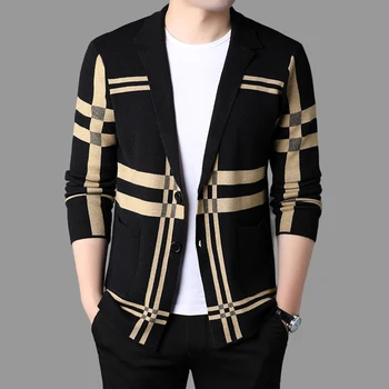 Nové pánske Jarné kórejský Pletený Sveter High-end Značky Módnych Kockovaný Kabát, Sveter Muž Jeseň Voľný čas Luxusné Svetre