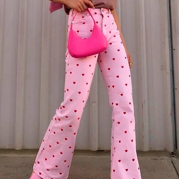 Estetika Ružový Tlač Obličkového Nohavice Dievča Vintage Vysoký Pás Neforemné Nohavice Streetwear Módy Dlhé Dna