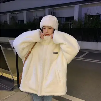 Sungtin Zimné Zahustiť Teplé Voľné Baránok Vlna Sweatershirt Nadrozmerné Ženy Kórejský Teddy Fleece Žena Bundy Módne Príčinné Kabát