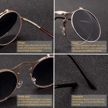 Vintage Steampunk Flip slnečné Okuliare Retro Okrúhle Kovové Slnečné Okuliare pre Mužov a Ženy Značky Dizajnér Kruhu Oculos