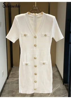 Letné Vintage tvaru s Krátkym Rukávom Tenký Pružný Pletené Šaty pre Ženy 2022 Luxusné Dizajnéri Elegantné Pletené Svetre