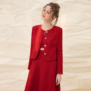 YIGELILA Módne Ženy Červená Tweeds Coats Elegantné O-krku Celý Rukáv, Krátke Kabáty Jesenné Bundy 91301