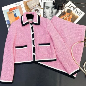 Tweed módne farby žien vrecku 2022 jesenné a zimné nové sladký ružový kabát + sukne dvoch-dielny