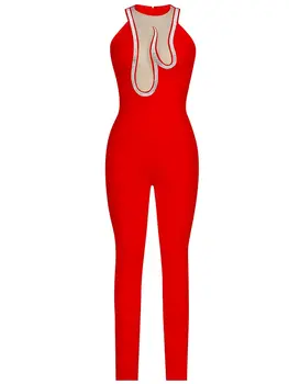 Ailigou 2022 Nová Biela Červená Čierna dámske bez Rukávov Oka Diamond Obväz Jumpsuit Sexy Tesný Celebrity Strany Jumpsuit Vestidos