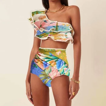 Jeden Ramenný Prehrabať Farba Pláži Tlač Plavky Vysoký Pás Slim Fit Backless Bikini Módne, Elegantné Plaviek Ženy Push Up