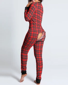 2021 Nové Funkčné Buttoned Klapka Dospelých Sleepwear Pyžamo Jeden Kus Vianočné Červený Dlhý Rukáv Oblečenie Pre Voľný Čas Sviatočný Ženský Jumpsuit