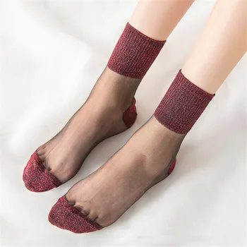 Letné Módy Ženy Ultratenké Transparentné Ponožky Lesk Krištáľové Sklo, Hodvábne Ponožky Krásna Čipka A Lesklé Elastické Krátke Ponožky Meias