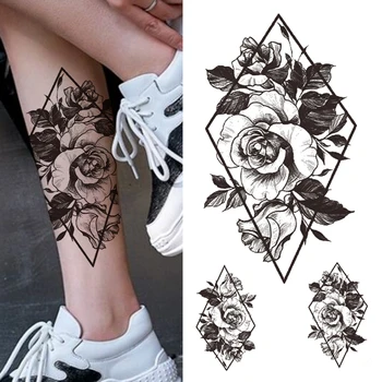 Geometria Ruže Kvet Dočasné Tetovanie Pre Ženy, Dievčatá Black Butterfly Vták Tetovanie Nálepky Falošné Pivónia Geometrické Body Art Tattos